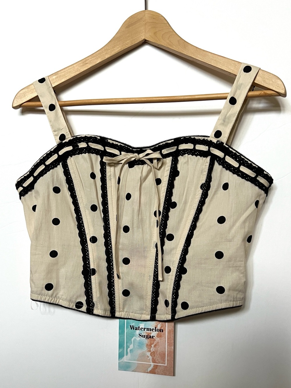 Watermelon Sugar Dana tank polka dot corset l cream lace black crochet trim NEW